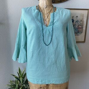 Zac & Rachel Green White Stripe Ruffle Bell Sleeve V-Neck Blouse‎ sz S Career
